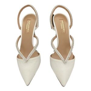Preowned Aquazzura Firenze White Heels Crystal Pumps Slingback Sandals Bridal